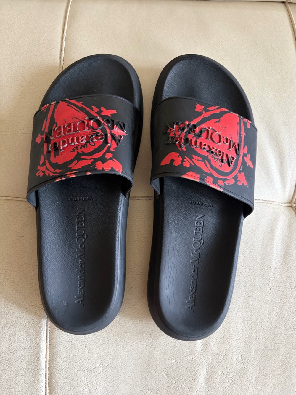 Alexander McQueen Black Slides with Red Graphic Logo